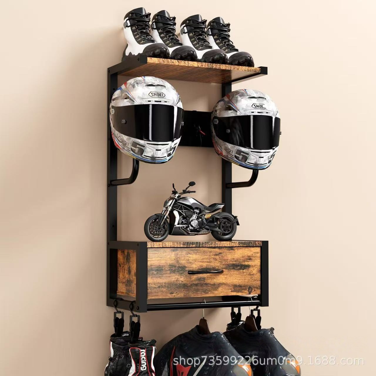 Motorcycle Gear Garage Storage - Rak Helm Dinding Kayu dan Logam