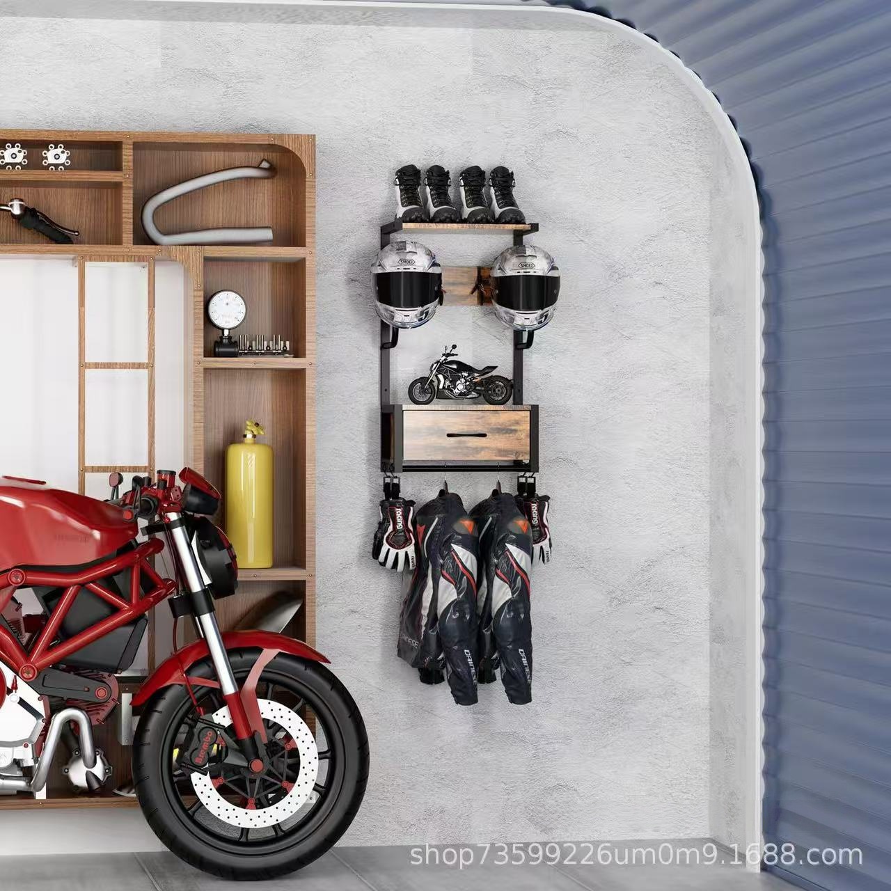 Rak Helm Dinding Kayu dan Loga - Motorcycle Gear Garage Storage ulasan dan harga