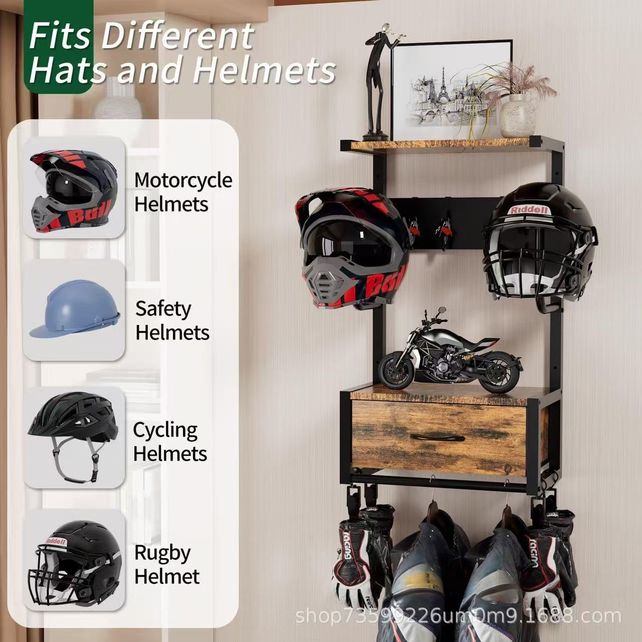 Rak Helm Dinding Kayu dan Loga - Motorcycle Gear Garage Storage ulasan dan harga