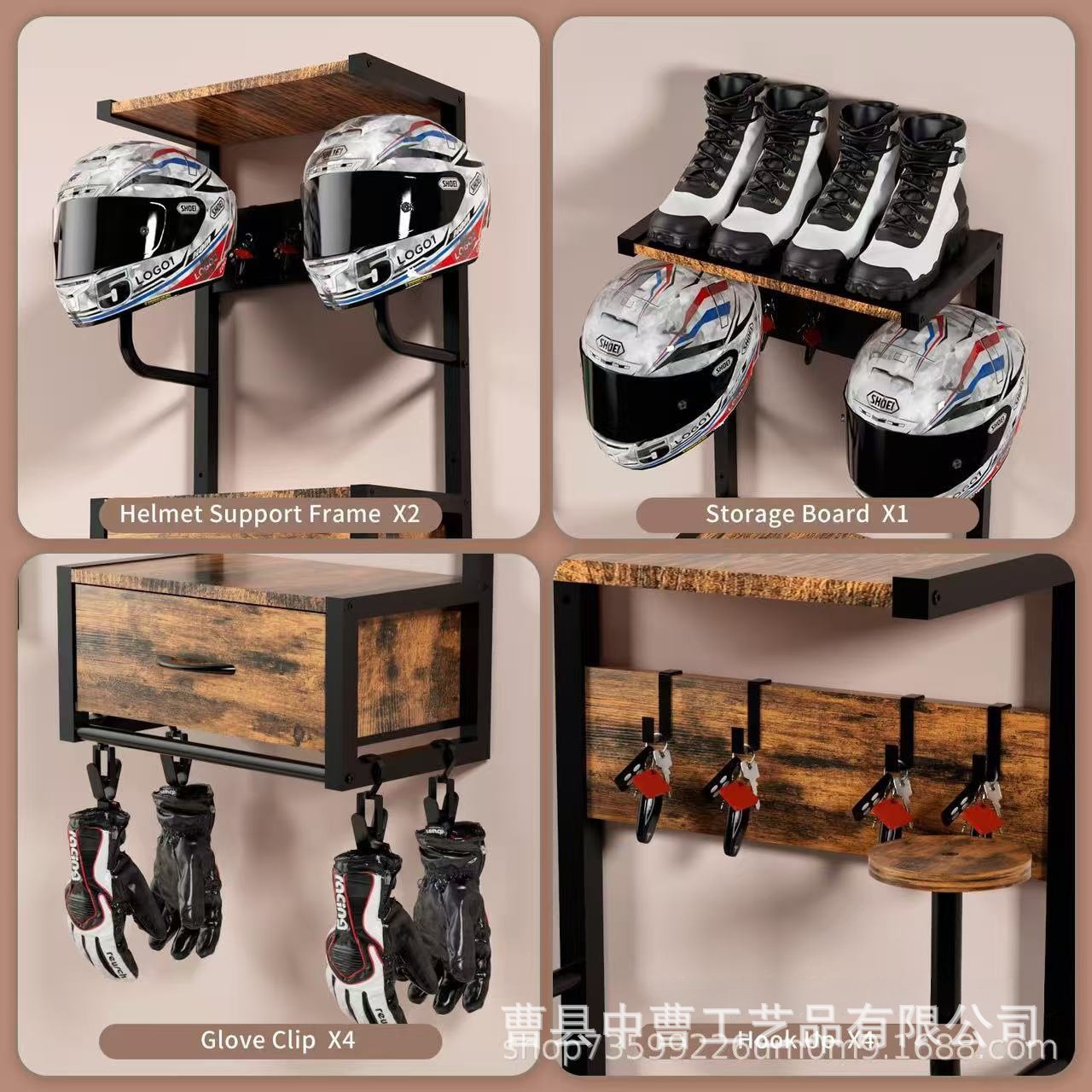 Rak Helm Dinding Kayu dan Loga - Motorcycle Gear Garage Storage ulasan dan harga